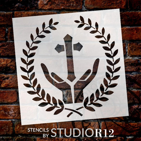 God's Hands Cross Stencil with Laurels by StudioR12 | Christian Wall Art | Craft DIY Faith Theme Kitchen Decor | Paint Canvas Wood Signs | Select ...