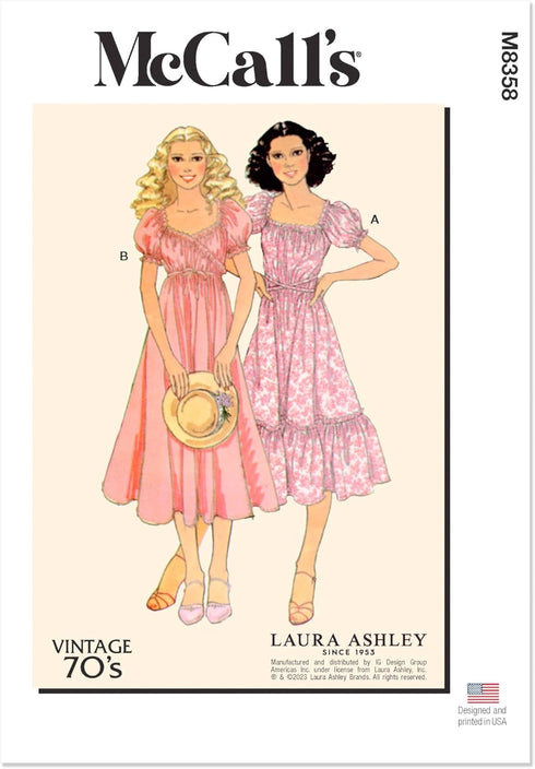 McCall's Misses' 1970's Vintage Wrap Dress Sewing Pattern Kit by Laura Ashley, Design Code M8358, Sizes 16-18-20-22-24...