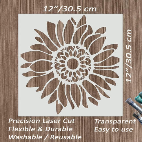 12x12 Inch Boho Sunflower Stencil for Painting on Wood, Canvas, Paper, Fabric and Furniture - Reusable Floral Craft Stencils - Large Flower Stenci...