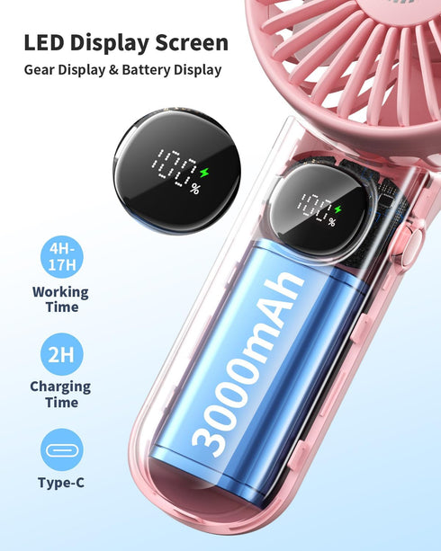 Handheld Fan, Foldable Portable Fan with LED Display, 3000mAh Battery Operated Mini Hand Held Fan, Handheld/Neck/Desk 3 in 1 Personal Small Fan fo...