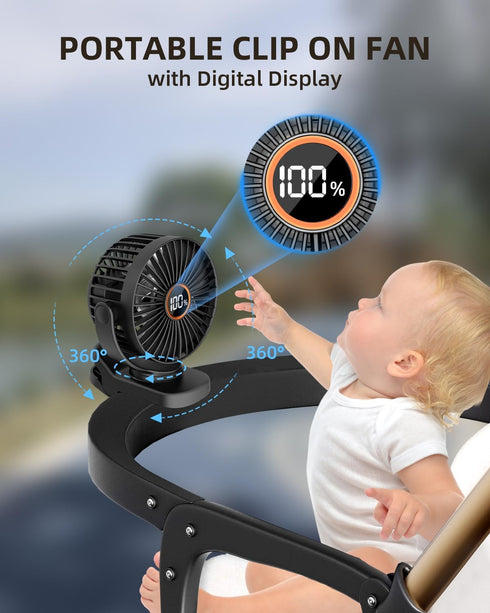 TUNISE Mini Clip on Fan, Battery Operated Desk Fan, Digital display?3 Speeds Adjustable, Bidirectional 360 ° Adjustable, Super Strong Wind, Portab...