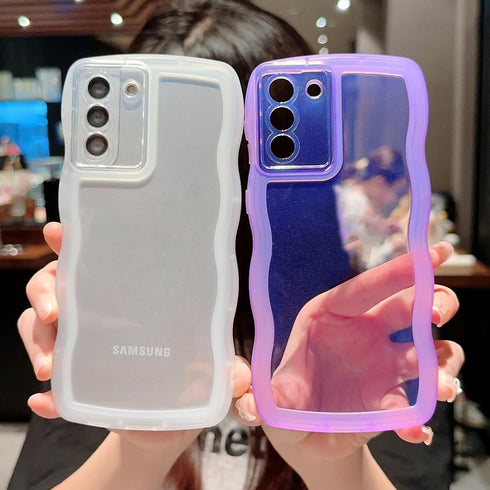 Compatible with Samsung Galaxy S21 Plus Case,Cute Curly Wave Matte Frame Edge Soft Shockproof Protective Cases Clear Cover for Women Girls (White)...