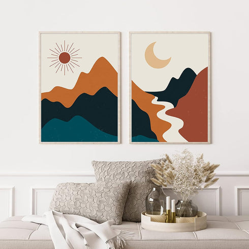 Bankrenart Boho Wall Art Mid Century Abstract Sun and Moon Reiver Landscape Mountain Boho Decor Unframed Canvas Print Wall Art Minimalist Artwork ...