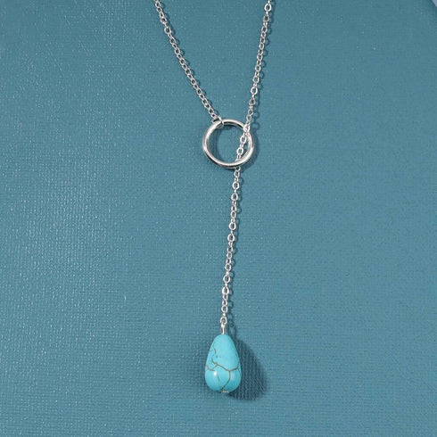 Boho Turquoise Y Necklace Silver Circle Teardrop Necklace Choker Blue Gemstone Lariat Necklace Vintage Gem Drop Necklace Jewelry for Women and Gir...