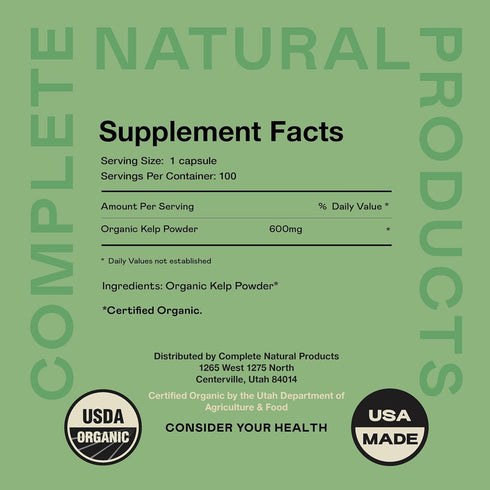Raw Sea Kelp Powder Supplement - 600mg Capsules 100 Pills Powdered Raw Seaweed & Thyroid Support Supplement...