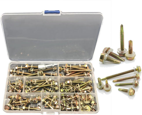 Box of 80 Tek Roofing Screws Hex Head with Sealing Washer for Fixing to Timber 16mm 20mm 25mm 30mm 35mm 40mm 45mm 50mm Free Drive Bit...