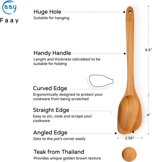 FAAY Teak Wooden Utensils, Healthy Spoon and Spatula Handcraft from High Moist-Resistance Teakwood for Non Stick Cookware (Corner Spoon - Right Ha...