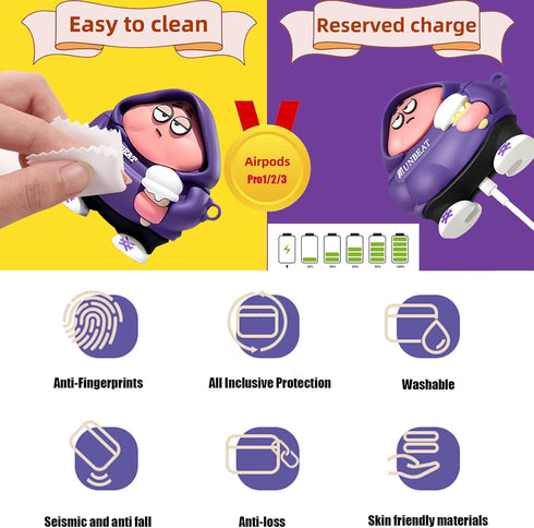 Cute Cartoon 3D Silicone Case AirPods Pro 2nd/1st Generation case with Keychain and Lanyard Cleaner kit Characters Design for Kids Boys Girls (Pur...