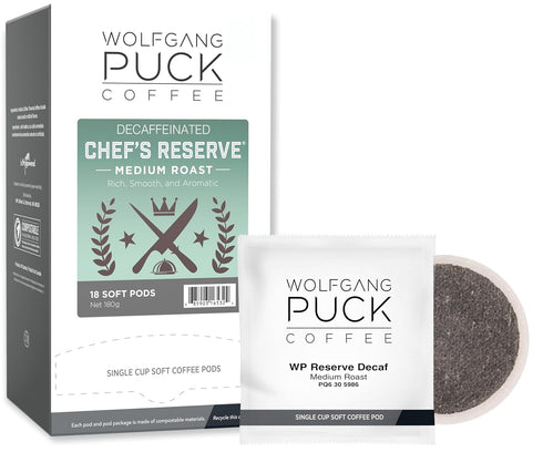 Wolfgang Puck Coffee, Chef's Reserve Decaf, 9.5 Gram Pods, 18 Count...