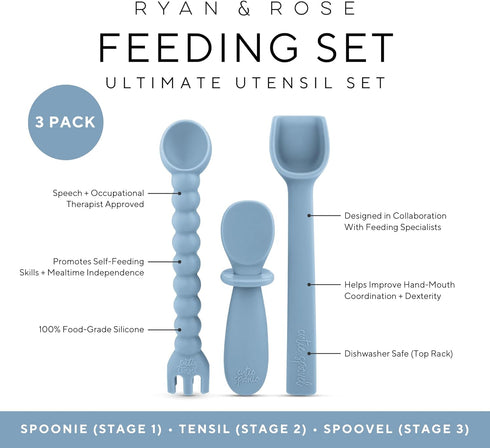 Ryan & Rose Ultimate Utensil Set of 3 Silicone Baby Spoons Silicone baby feeding set for baby led weaning, baby spoons self feeding 6 months, baby...