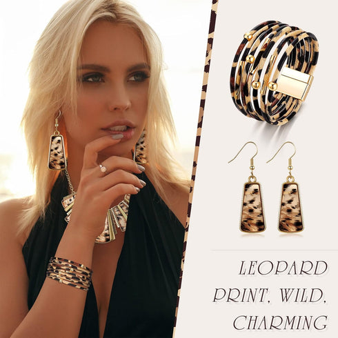 3 Pieces Leopard Necklace Earrings Bracelets Jewelry Set Women Bohemia Leopard Print Bib Chain Necklace Bracelet Print Jewelry Multi Layer PU Leat...