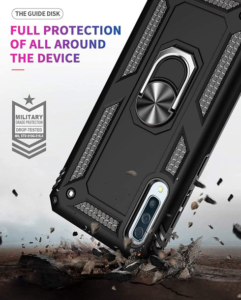 TJS Compatible with Samsung Galaxy A50 2019 Case, with Tempered Glass Screen Protector Metal Ring Magnetic Support Kickstand Heavy Duty Drop Prote...