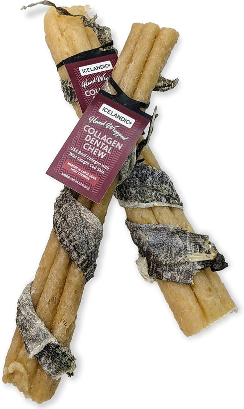 Icelandic+ Beef Collagen Dental Chew Stick Wrapped with Fish 8" Dog Treat...