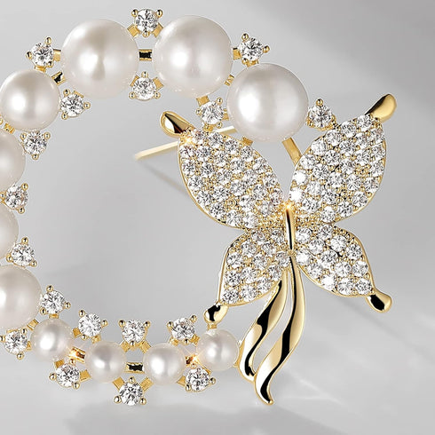 Wreath Brooch Natural Pearl Butterfly Scarf Buckle Pin Empty Holder Accessories Wedding Corsage, White Pearl (X2263-1-230)...