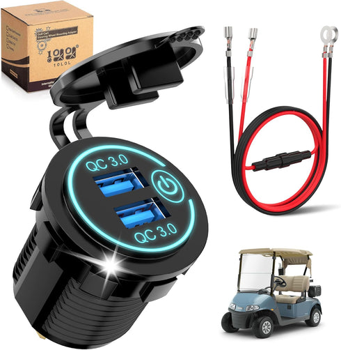 10L0L Golf Cart Quick Charge QC 3.0 Dual USB Charger Socket, 12V-24V USB Outlet for Yamaha EZGO Club Car, 12V Input Double USB Ports with DIY Car ...