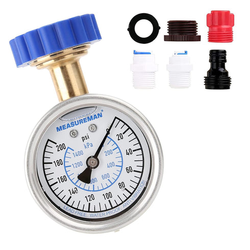MEASUREMAN 2-1/2" Water Pressure Gauge Kit 6 Parts Kit, Lead-Free Brass, 2-1/2" dial, 0-200 Psi?Glycerin Filled,3/4" Hose Thread, Plus 5 Adapters...