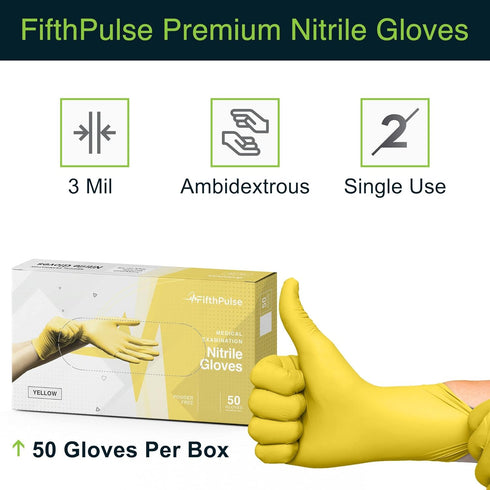 FifthPulse Yellow Nitrile Disposable Gloves - 50 Count - 3 Mil Nitrile Gloves Medium - Powder and Latex Free Rubber Gloves - Surgical Medical Exam...