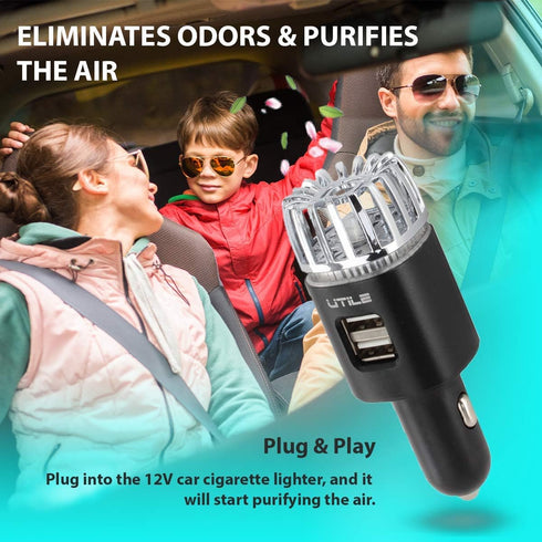 UTILE Car Ionizer Odor Eliminator Purifier with Dual USB Charger – Ionic Air Freshener| 2.1A/0.8W USB Charging for Phone, Tablet and Other Devices...