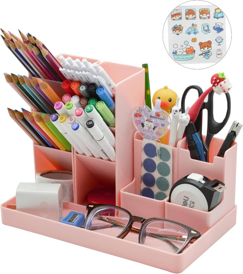 Pencil Pen Organizer for Desk, Removable Pink Desk Organizer with 12 Compartments & Tray, Cute Pen Holder with DIY Sticker, Marker Art Supplies St...