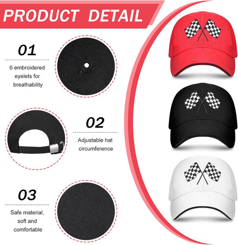 3 Pieces Baseball Cap for Men Women Checkered Flags Race Car Flag Adjustable Washable Trucker Hat Embroidery Unisex Dad Hat Sports Cap, White, Red...