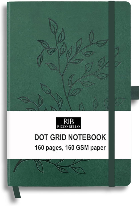 RICCO BELLO Hardcover Dot Grid Bullet Style Journal Notebook, Lay Flat Design, 5.7 x 8.4 inches, Thick 160 gsm Paper, 160 pages (Green Leaves)...