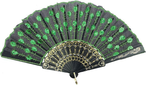 INNOLIFE Elegant Colorful Embroidered Flower Peacock Pattern Sequin Fabric Folding Handheld Hand Fan Hand-Crafted (Full Set - 6pcs Mixed Colors)...
