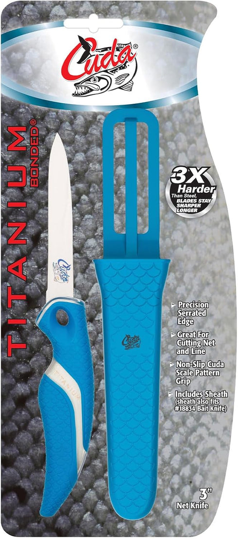CUDA 3" Net Knife Saltwater & Freshwater Serrated Edge Titanium Bonded Stainless Steel Blade Knife with Non-Slip Scale Pattern Grip | Sheath Inclu...