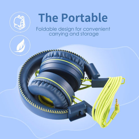 POWMEE M1 Kids Headphones Wired Headphone for Kids,Foldable Adjustable Stereo Tangle-Free,3.5MM Jack Wire Cord On-Ear Headphone for Children (Blue...