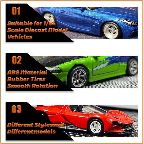 Hot 1/64 Wheels for 1:64 Diecast Model Cars (Silver, 10 Sets / 1 Box), Sporty, JDM, Muscle, Off-road Style Miniature Modified Accessories...
