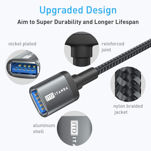 ITD ITANDA USB Extension Cable 6FT USB 3.0 Extension Cord A Male to A Female Nylon Braided Material for Playstation, Xbox, Keyboard, Mouse, USB Fl...