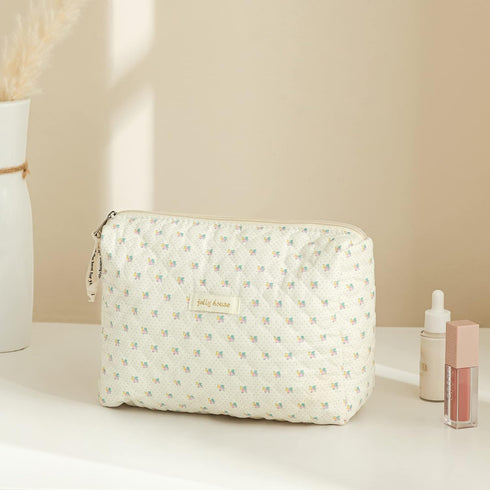 HBselect 3 PCS Quilted Makeup Bag, Cotton Large Travel Makeup Bag, Cute Floral Coquette Make up Bag Cosmetic Bag Toiletry Bag for Women Girls...
