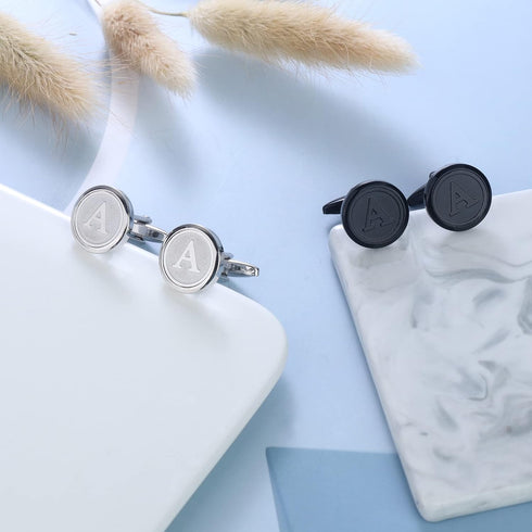 ORAZIO Cufflinks For Men Engraved Initials Cufflinks Silver Black Set Stainless Steel Cuff Links Letter Alphabet A-Z Gift With Box For Wedding,Dad...
