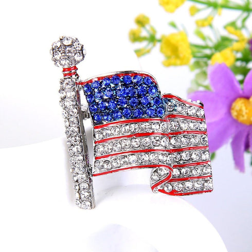 EVER FAITH Silver-Tone USA American Flag Clear w/Blue Austrian Crystals Brooch...