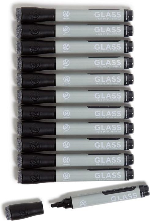 U Brands Liquid Glass Board Dry Erase Markers With Erasers, Set of 12, Black, Low-Odor, Bullet (3 mm) Point...