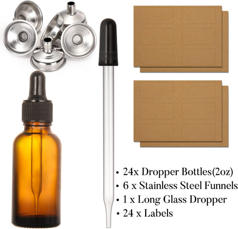 24 Pcs, 2 oz Dark Amber Dropper Bottles with 6 Small Funnels & 1 Long Glass Labels - 60ml Tincture Bottles w/ Eye Dropper for Essential Oils, Perf...