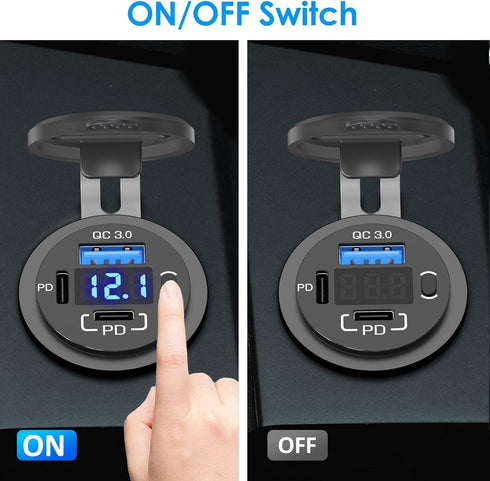 12V USB Outlet Qidoe USB C Car Charger Socket Dual PD 30W and 18W QC3.0 Port USB Car Socket with Voltmeter Button Switch Lengthened Waterproof USB...