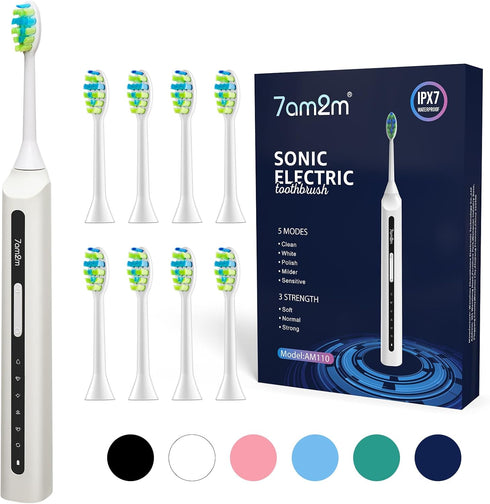 7AM2M Sonic Electric Toothbrush, High Power Rechargeable Toothbrushes, with 8 Brush Heads for Adults and Kids, 15 Adjustable Modes, Built-in 2-Min...