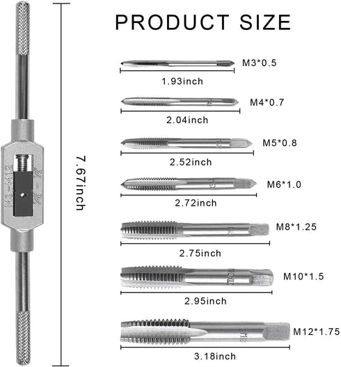 JONMON 8Pcs Metric Tap Set, M3-M12 Hand Screw Thread Plug Taps with Adjustable Thread Tap Reamer Wrench Milling Machine Tapping Kit for Woodworkin...