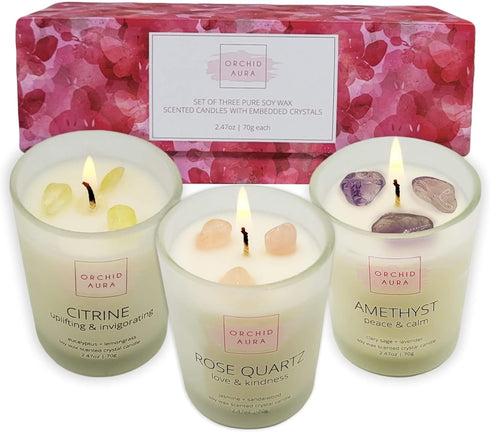 Soy Candles with Healing Crystals. Citrine, Rose Quartz, Amethyst Crystal. Eucalyptus + Lemongrass, Jasmine + Sandalwood, Clary Sage + Lavender. 3...