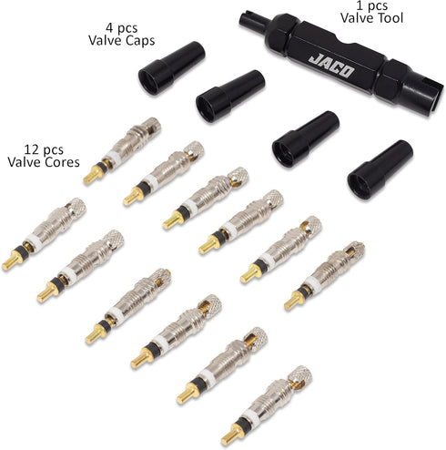 JACO Presta Valve Core Repair Kit for Bike Tires | with (12X) Replacement Valve Cores, (4X) Valve Caps, and Valve Removal Tool...