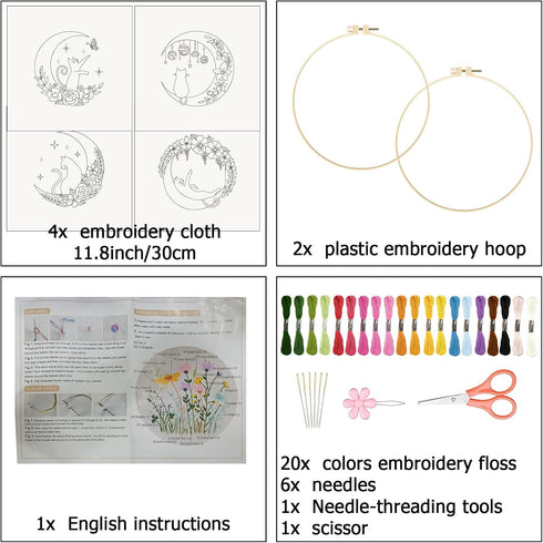 ORIGACH 4 Pack Cat Moon Embroidery Kits for Beginners, DIY Starter Hand Embroidery Kit with Cat Moon Floral Patterns and Instructions, Cat Pattern...