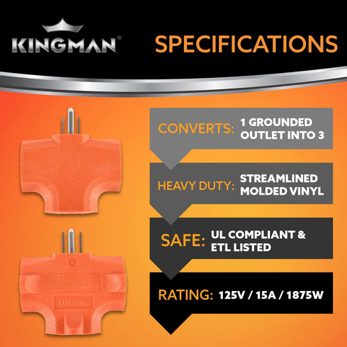 Kingman Orange 3-Outlet Heavy Duty Plug Adapter Grounded Power Tap (1 Pack) 125V / 15A / 1875W...
