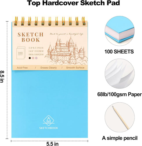 Sketchbook for Drawing Top Spiral Bound Sketch Pad for Kids 5.5" x 8.5" Hardcover Sketch Book(68lb/100gsm) Small Artist Drawing Blank Paper Notebo...