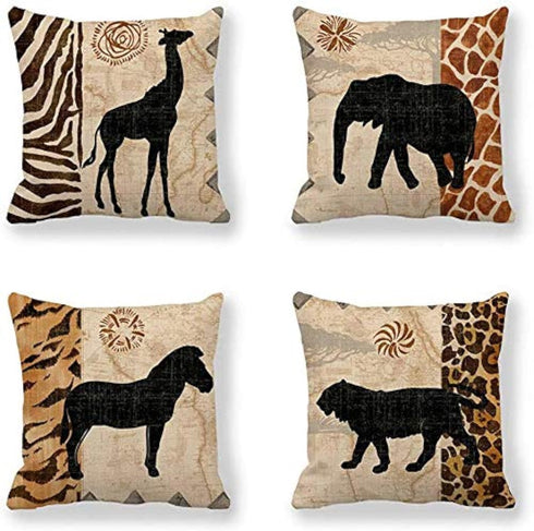 VENUSL Set of 4,African Animals,Giraffe,Elephant,Horse,Leopard with Zebra Pattern & Leopard Pattern Decorative Throw Pillow Covers,One-Side Printe...
