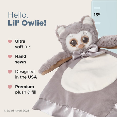 Bearington Collection Owl Plush Stuffed Animal Security Blanket Lovey - 15 in Gray Satin Trim Owl Lovey Blanket - Soft Baby Blankie & Toy for Newb...