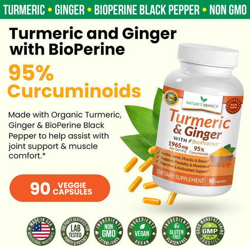 Extra Strength Turmeric Curcumin and Ginger & BioPerine - 1965mg Joint Support Supplement for Aches with Black Pepper Powder Extract - Premium Mad...