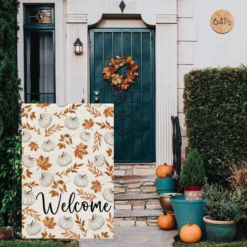 CROWNED BEAUTY Fall Garden Flag 12x18 Inch Double Sided for Outside Pumpkin Maple Leaf Burlap Small Seasonal Autumn Yard Decoration...