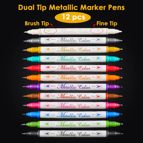 Dual Tip Metallic Marker Pens, Brush and Fine Point Pens for Black Paper, Rock Painting, Easter Egg, Halloween Pumpkin, Card Making, Metal, Cerami...