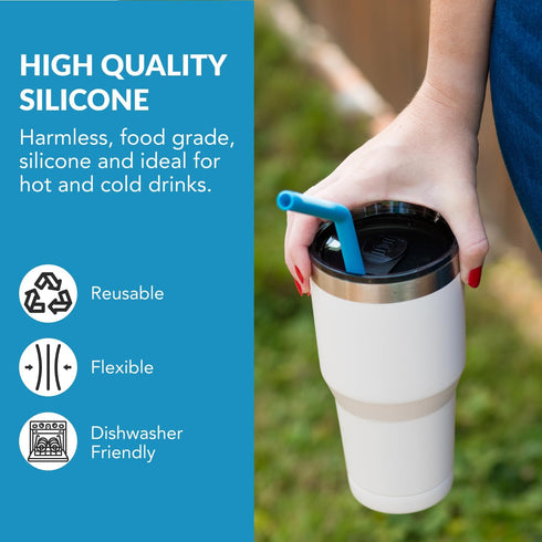 Bent Silicone Straws Reusable (Set of 10) and Cleaning Brush - Flexible, Long, Color Bendy Reusable Straws for 20oz-32oz Tumblers & 30oz Smoothie ...