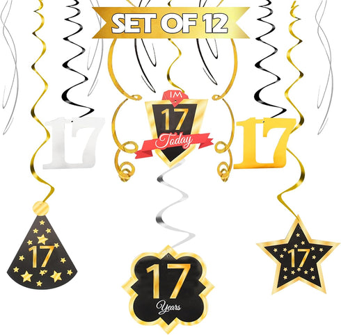 LINGTEER Happy 17th Birthday Decorations - 12 Pcs Birthday Black & Gold Foil Swirls Streamer Set,Cheers to Seventeen Years Old Bday Party Gift Dec...